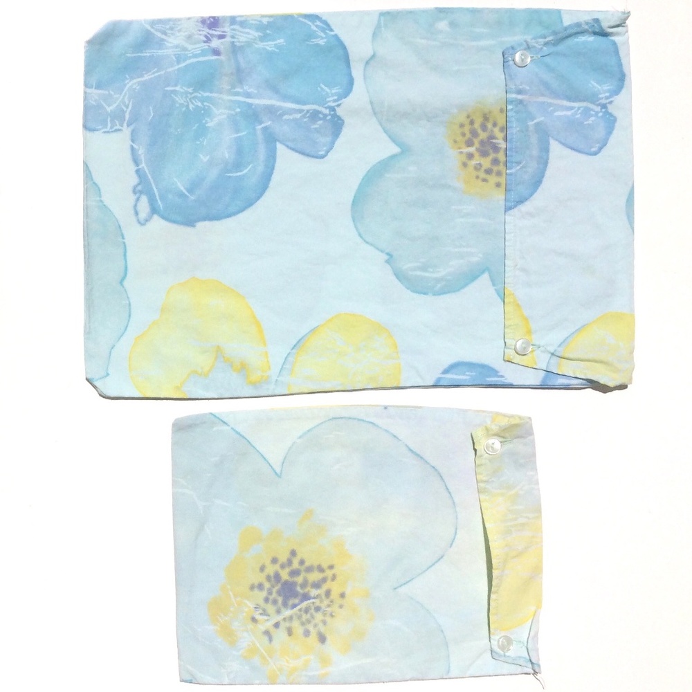 set 2 handmade doll bed pillowcases blue yellow floral button flap closures